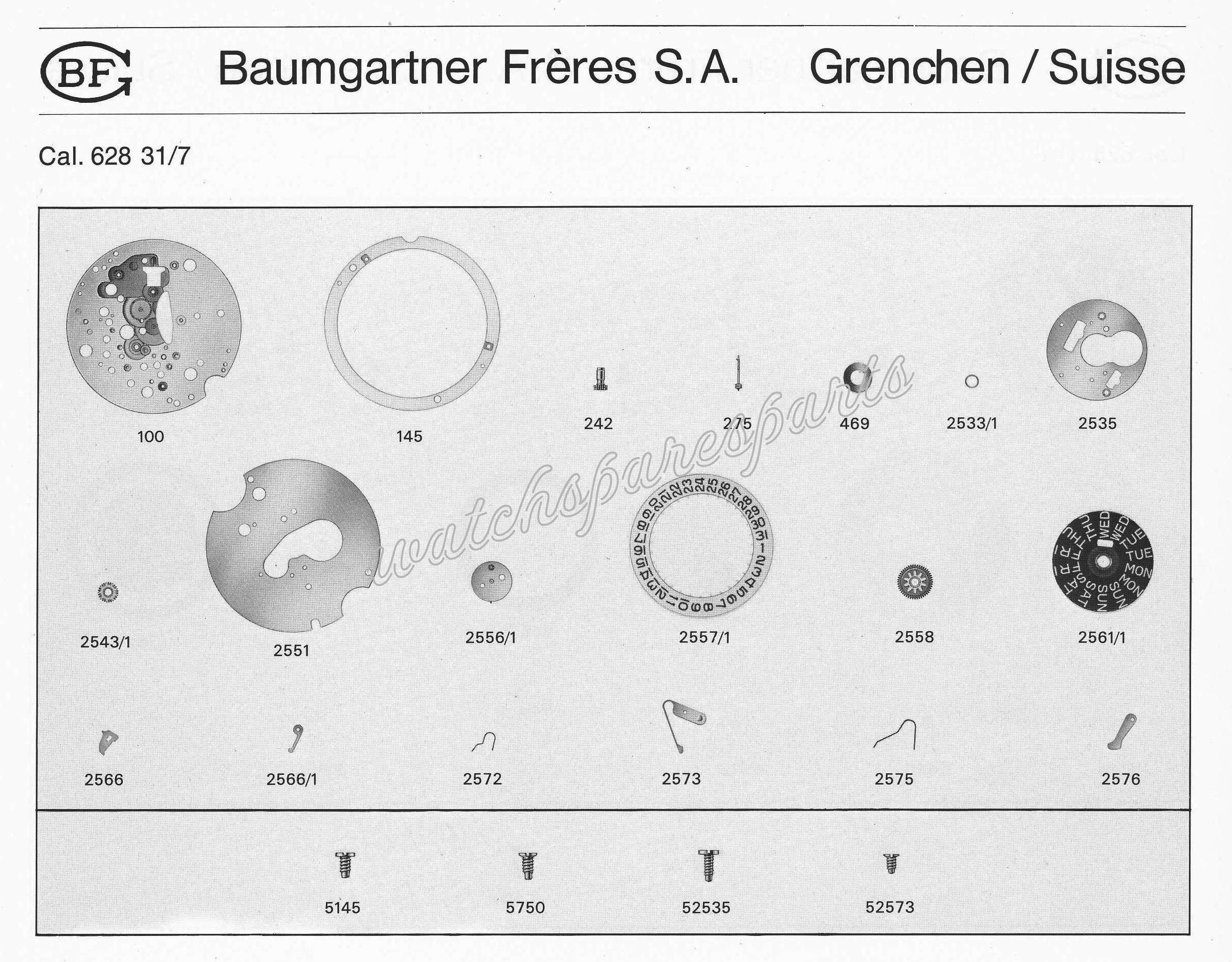 BFG Baumgartner 628 31 7 Watch Movement Calendar spare parts BFG Baumgartner 628 31 7 Watch Movement Calendar spare parts